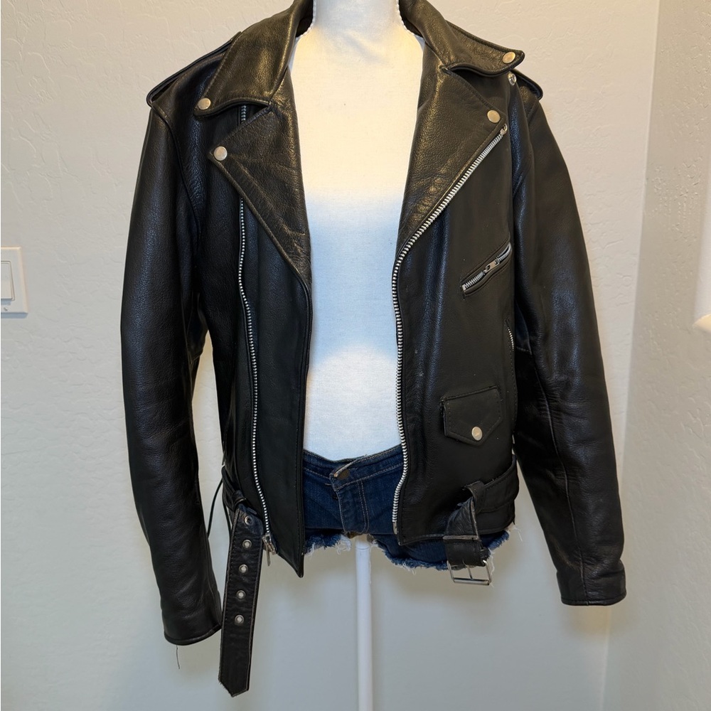 Vintage‎ Black Leather Motorcycle Biker Jacket Lace Side Moto Size 42